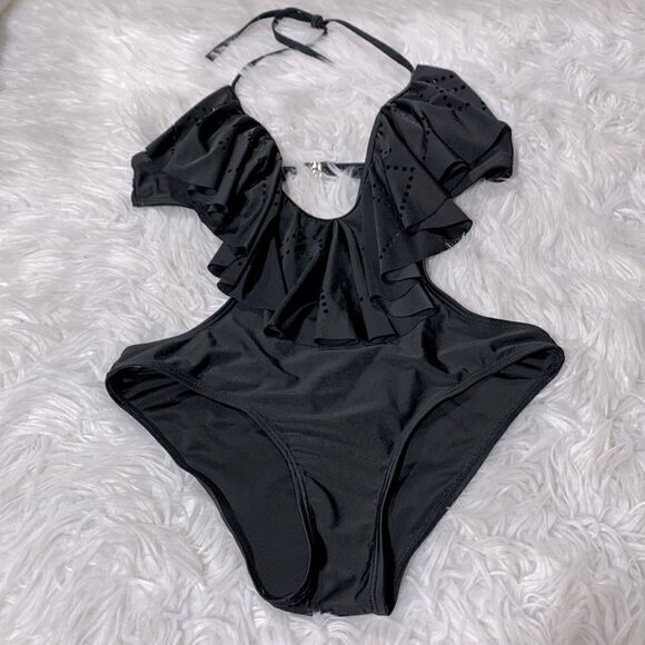 ONE PIECE swimsuit plunging Vneck ruffles tie at neck back strap sz L - Picture 1 of 8